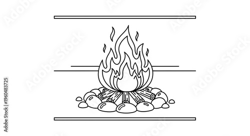 Simple linear art bonfire illustration with logs and stones perfect for camping and outdoor themes