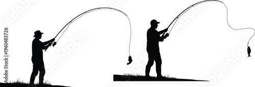 Fishing silhouette angler casting rod illustration black and white design isolated on white background outdoor sport activity vector graphic