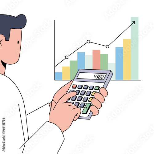 Man using calculator near rising bar chart and line graph, financial analysis concept