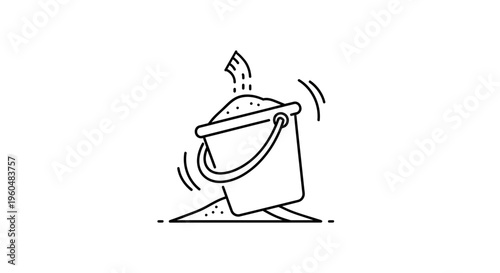Dynamic minimalist line art illustrating a bucket with sand, depicting pouring and construction