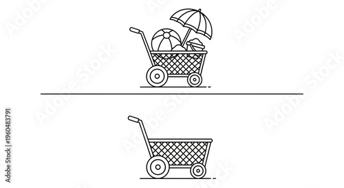 Line art illustration of beach vacation preparation with a loaded and empty transport cart
