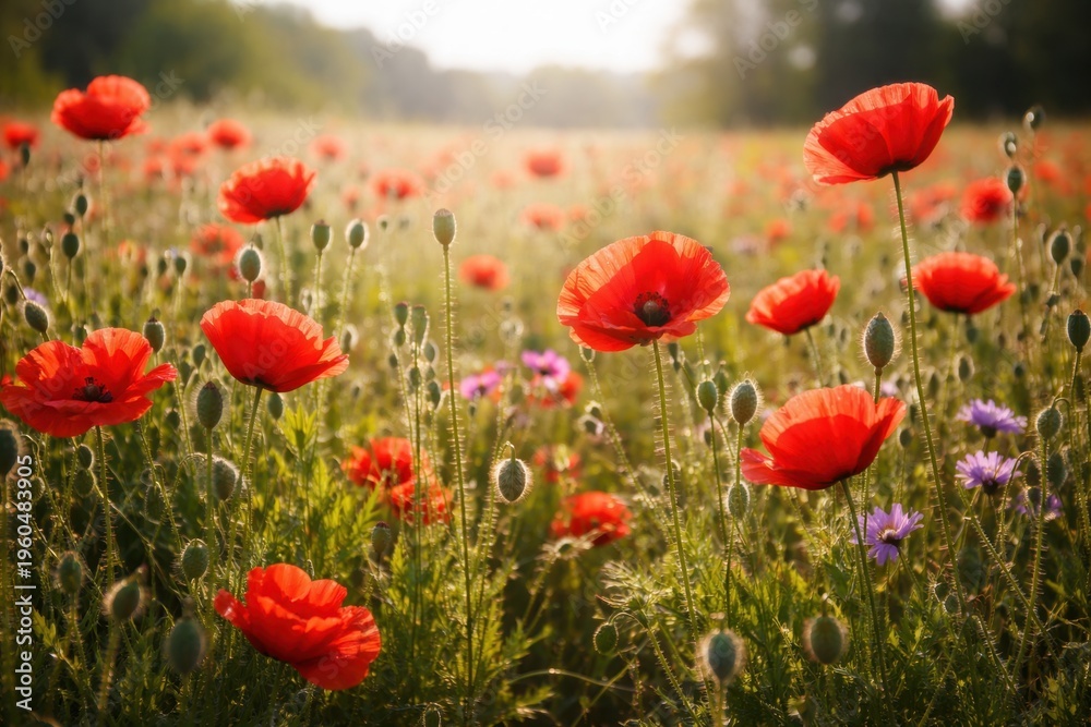 Fototapeta premium Red poppy flowers blooming in sunny field nature spring landscape with soft light and fresh air