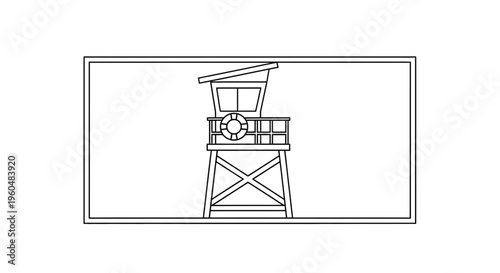 Minimalist line art illustration of a beach lifeguard tower, symbolizing safety and coastal