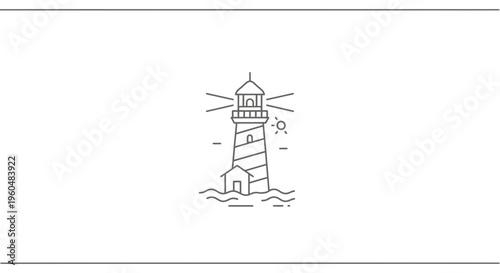 Clean minimalist outline drawing of a lighthouse standing tall on the ocean waves under a
