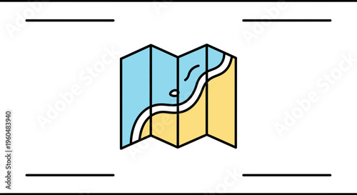 Minimalist graphic illustration of a neatly folded travel map displaying land and water features