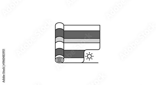 A minimalist line art icon of a rolled striped mat with a sun symbol, representing outdoor leisure