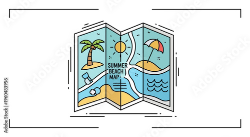 Vibrant summer beach vacation map illustration for travel planning and tropical holiday adventures