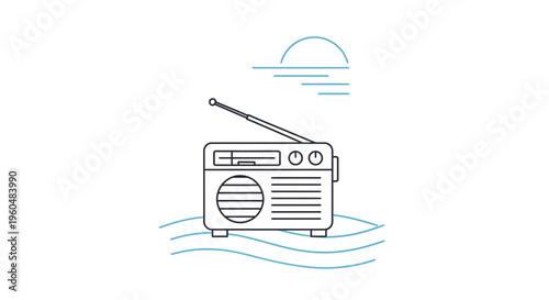 Minimalist line art illustration of a retro radio on gentle waves under a serene horizon outline