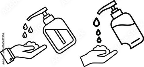 Hand sanitizer bottle and washing hands illustration black and white line art isolated on white background hygiene health vector