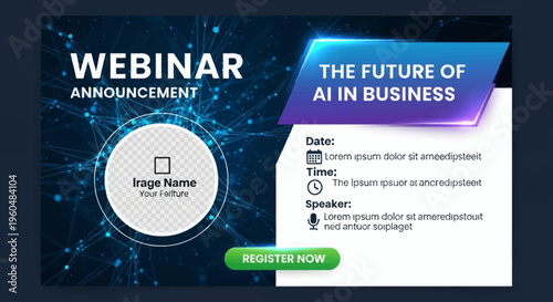 Webinar Announcement: The Future of AI in Business, featuring a placeholder for speaker image and details on date, time, and registration.