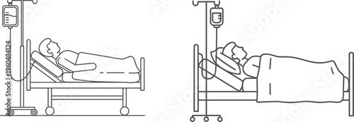 Hospital patient bed with IV drip medical care illustration black and white line art isolated on white background healthcare vector