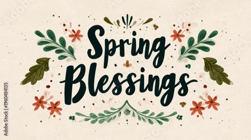Spring blessings lettering with floral elements on light background decorative seasonal greeting design