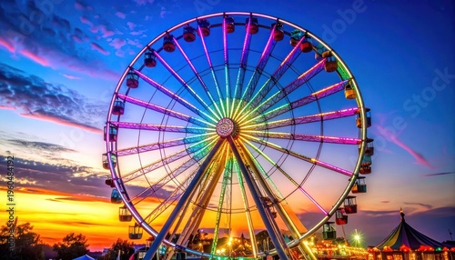 A brightly lit Ferris wheel dominates the skyline during a vibrant sunset at a lively amusement park.