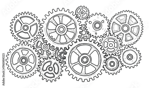 Interlocking system of hand drawn gears illustrating teamwork and mechanical process perfect for engineering presentations and problem solving visualizations for various business projects