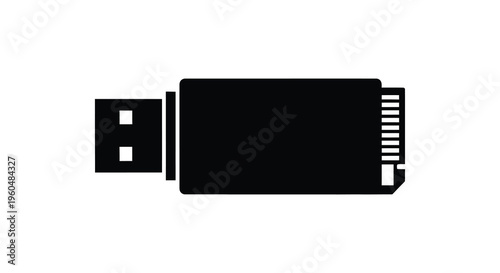 A stark black silhouette of a universal serial bus drive is prominently displayed against a white background silhouette