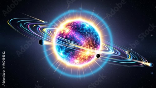 Vibrant planet with glowing rings and colorful aurora in space