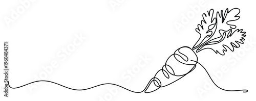 Continuous line drawing of a fresh carrot with green leaves growing from the ground, perfect for healthy food promotions, organic farming initiatives, and clean eating branding