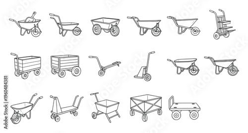 Assortment of essential hauling equipment such as wheelbarrows, garden carts, and hand trucks suitable for various heavy lifting and material transport applications across different