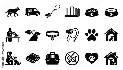 Essential dog care icons depicting pet services, veterinary procedures, animal welfare, and everyday canine essentials for diverse commercial and educational purposes