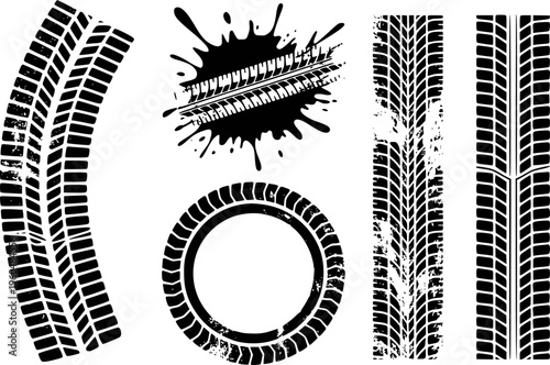 Black tire tracks and a circular tire imprint with grunge texture and a mud splash