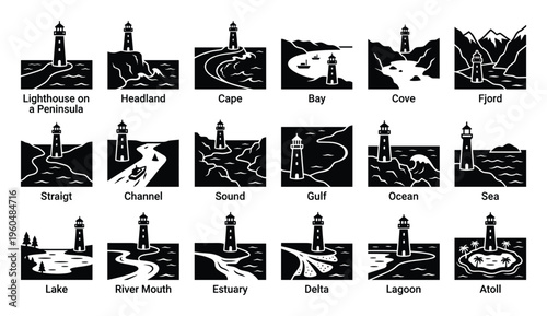 Coastal geography and ocean landform black and white icons depicting lighthouses across various marine and inland water features, useful for educational infographics and travel publications