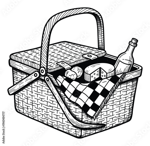 Hand drawn black and white picnic basket filled with delicious food and a beverage bottle, perfect for summer outing advertisements or culinary themed graphics.