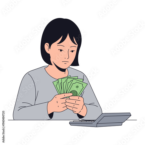 Woman Counting Money with Calculator, Financial Planning and Budgeting Concept