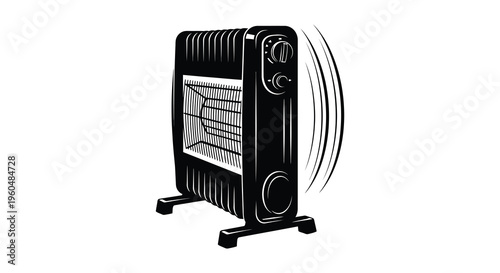 A stark black silhouette of a portable electric heater with visible heating elements and controls silhouette high quality