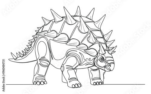 Discover a captivating Ankylosaurus dinosaur line drawing, perfect for educational materials, childrens books, or unique prehistoric animal themed branding and decor projects.
