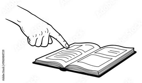 Black and white outline drawing of a persons hand with an index finger pointing at the text and graphics in an open book, useful for educational materials