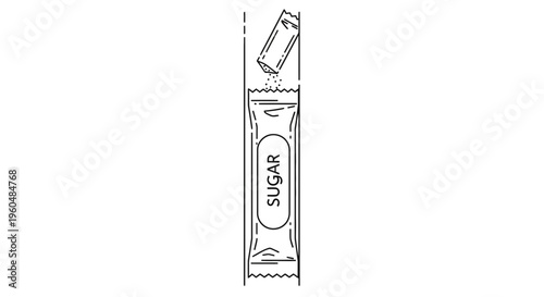 Minimalist line art illustration of an opened sugar sachet pouring granules for convenient