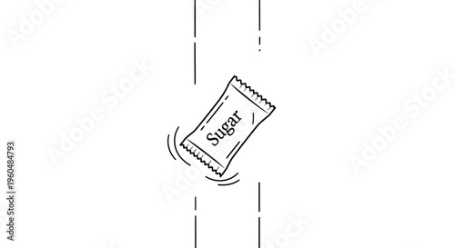 Minimalist sugar packet illustration in a clean black and white design with a floating motion