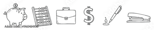 Hand drawn collection of business and finance icons featuring a piggy bank, abacus, briefcase, dollar symbol, pen, and stapler, ideal for financial education and office supplies concepts