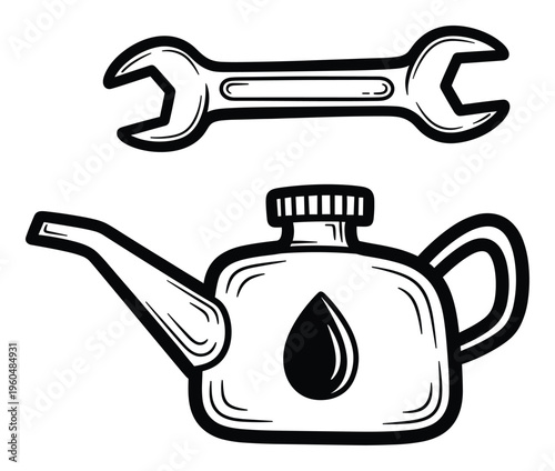 Essential mechanical workshop equipment featuring a strong wrench and an oil container for smooth engine lubrication and vehicle repair operations