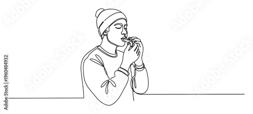 Continuous line drawing featuring a figure wearing a beanie and playing a small wind instrument, ideal for musicthemed branding, minimalist website graphics, or modern event invitations.