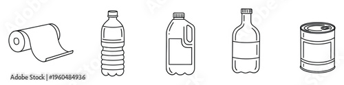 Collection of black outline line drawings showing a roll of paper, a plastic water bottle, a large jug, a glass bottle, and a metal food can for depicting common consumer goods and