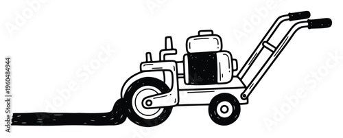 A portable pavement marking machine actively draws a thick dark line illustrating road construction or maintenance work for urban infrastructure projects and safety signage communications