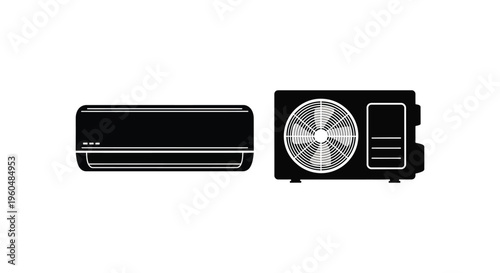A black and white illustration depicts two air conditioning units an indoor and outdoor model in silhouette