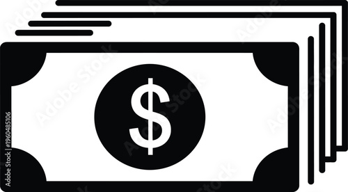 Stacked dollar banknote cash icon featuring black currency symbol, flat finance payment illustration isolated on white background vector clipart design