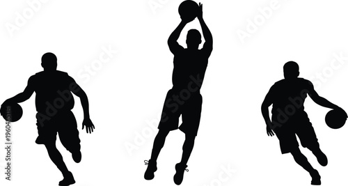 Basketball player silhouettes set, athletes dribbling and shooting ball, professional sports action, jump shot, game competition, training exercise, vector isolated.