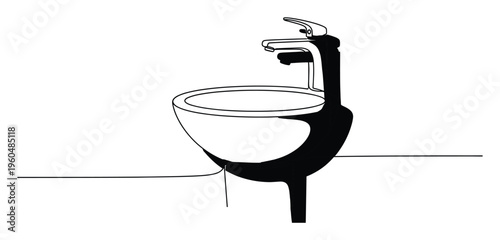Elegant bathroom sink and contemporary faucet rendered in a striking black and white outline combining line art with solid forms suitable for interior design themes and home renovation
