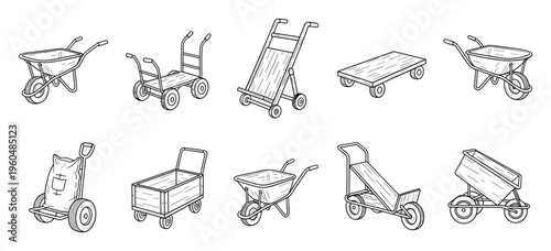 Various manual material handling equipment including wheelbarrows, hand trucks, and dollies, ideal for logistics, gardening, and construction industry presentations or website graphics