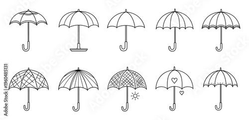 Collection of diverse umbrella outlines offering protection from rain and sun for weather forecasts and seasonal graphic asset creation
