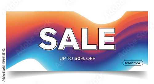 Vibrant abstract sale banner with 'SALE' text, 'UP TO 50% OFF' discount, and a 'SHOP NOW' button on a colorful wavy gradient background.