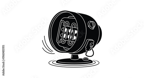 A striking black and white illustration depicts a vintage style floodlight with a distinct silhouette high quality professional