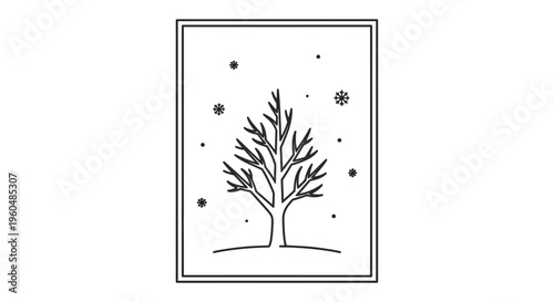 stylized monochrome depiction of a frost-kissed deciduous tree amidst a gentle snowfall scene