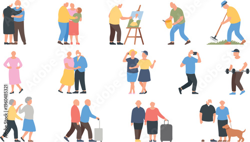 Minimal line art elderly people daily life activities senior man and woman routine lifestyle retirement home indoor scenes