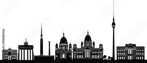 Berlin skyline silhouette featuring Brandenburg Gate, Fernsehturm TV Tower, Reichstag, Berlin Cathedral, and Victory Column on white background for urban design.