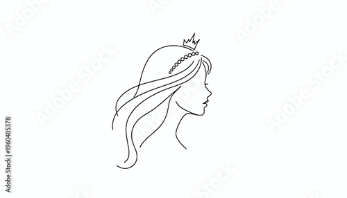 Minimalist line drawing of a majestic female head in profile adorned with a regal diadem and pearls
