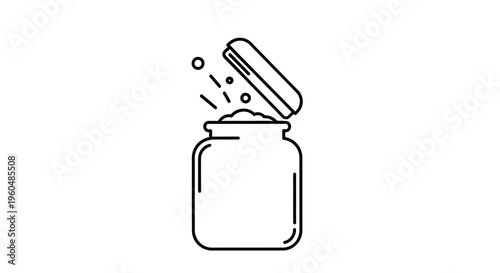 Minimalist line art icon of an open jar with contents actively sprinkling out or being added